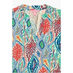 Lilly Pulitzer Tunic Top Size Medium Coral Multi Color Pullover Collarless Split